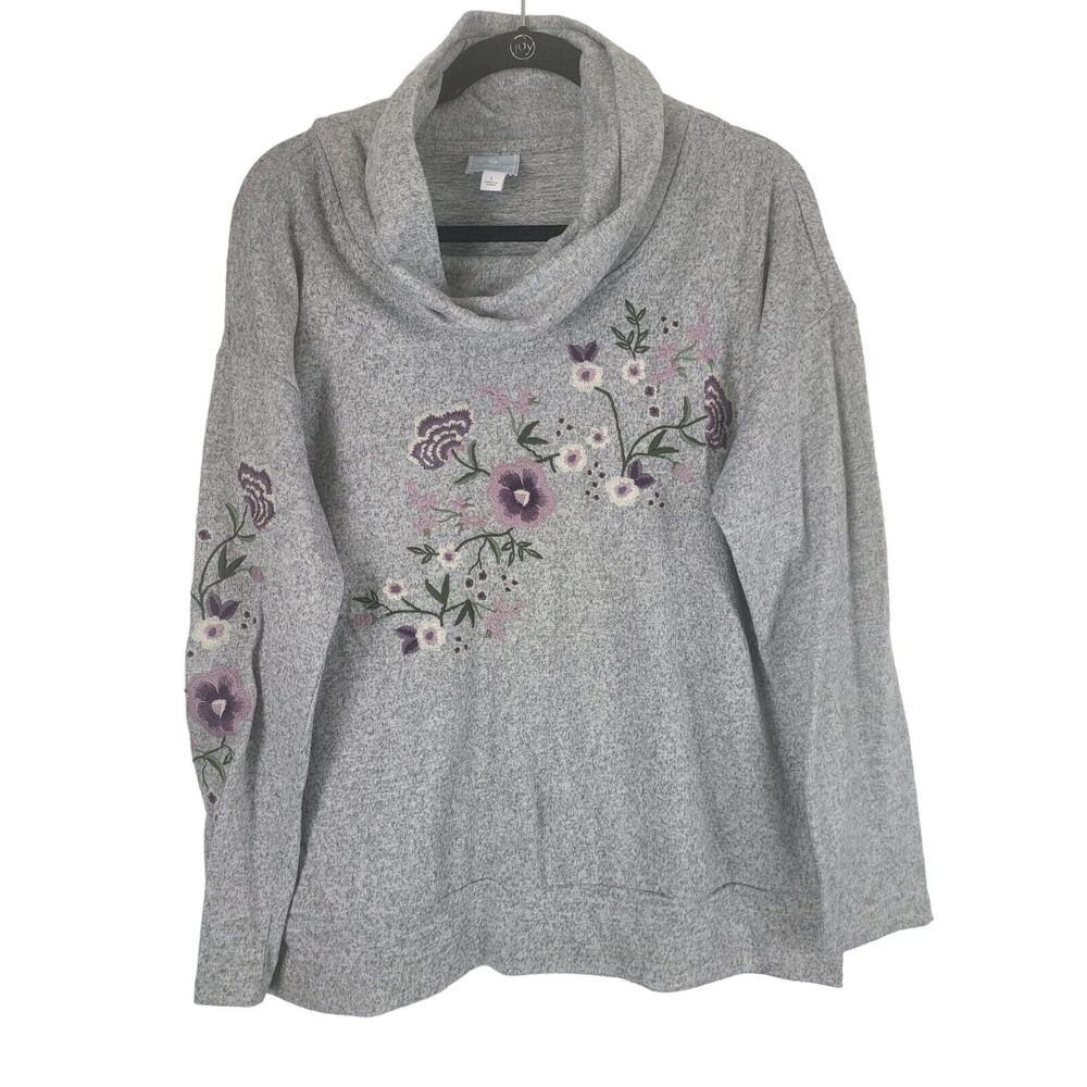Sunday Cowl Neck Sweater L Womens Grey Floral Embroidered Long Sleeve Pullover